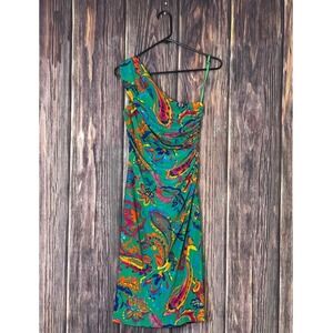 Lauren Ralph Lauren Dress Womens 10 Green Paisley One Shoulder Ruched Cocktail